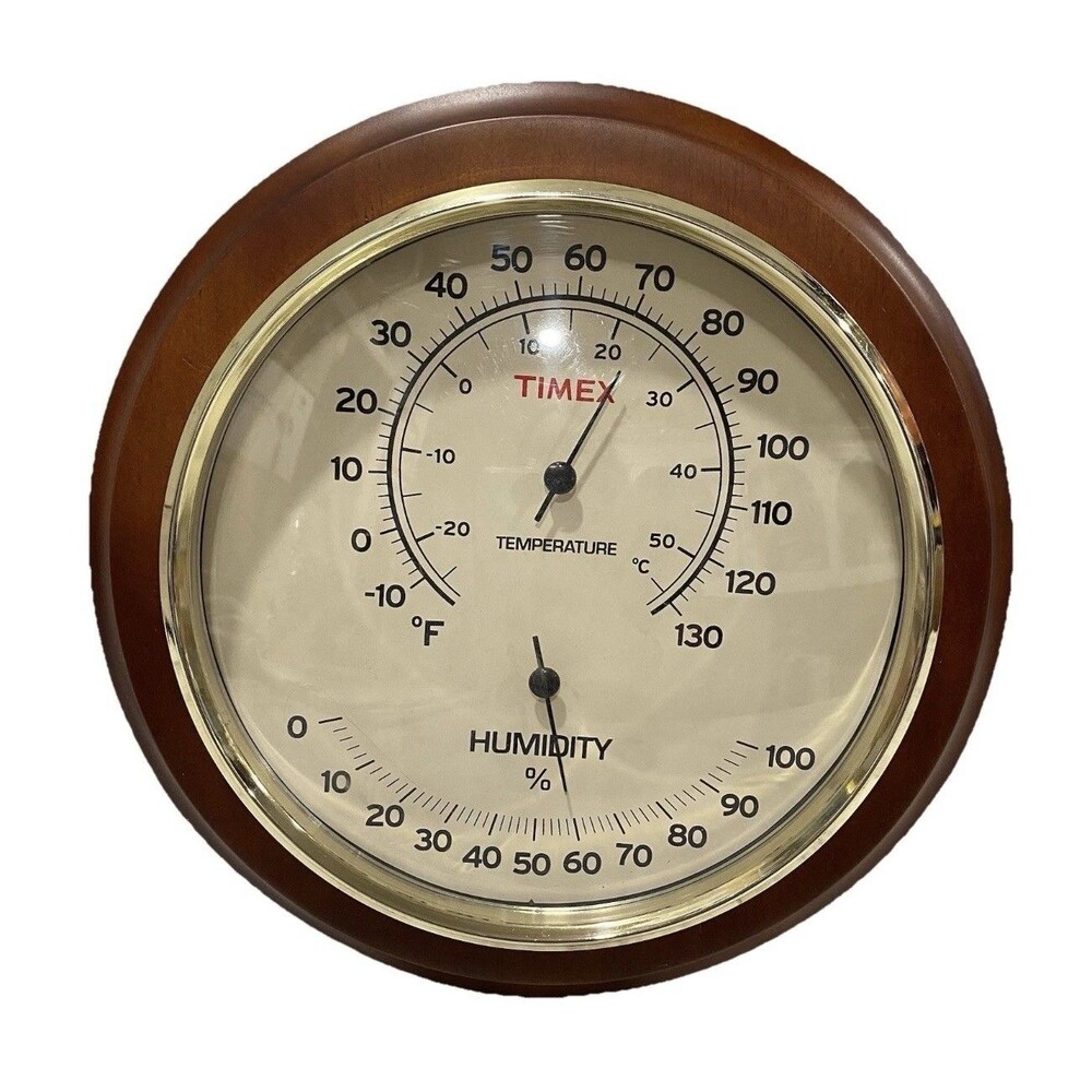 VINTAGE TIMEX 8.25” THERMOMETER & HUMIDITY HYGROMETER WOOD GLASS
